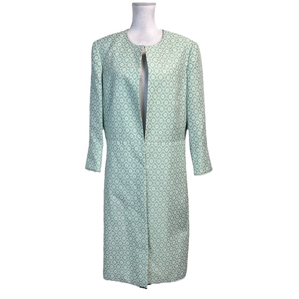 John Meyer Long Duster Blazer size 16 Sage Green Floral Brocade Wedding Career